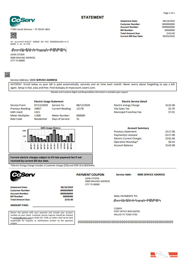 USA Texas CoServ utility bill template in Word and PDF format